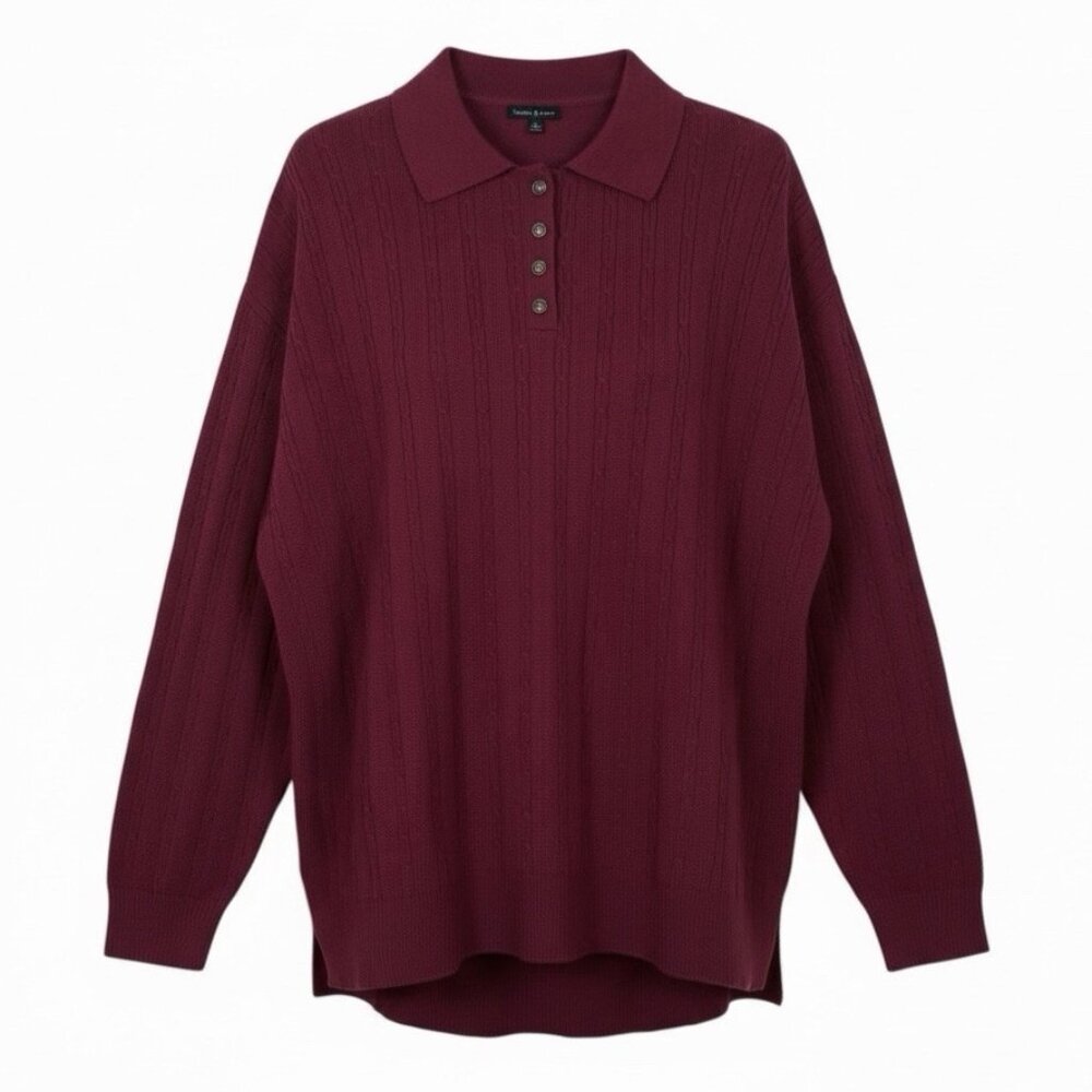Violets & Roses Pullover Henley Sweater Tunic Top Large Dark Rumba Red Collared